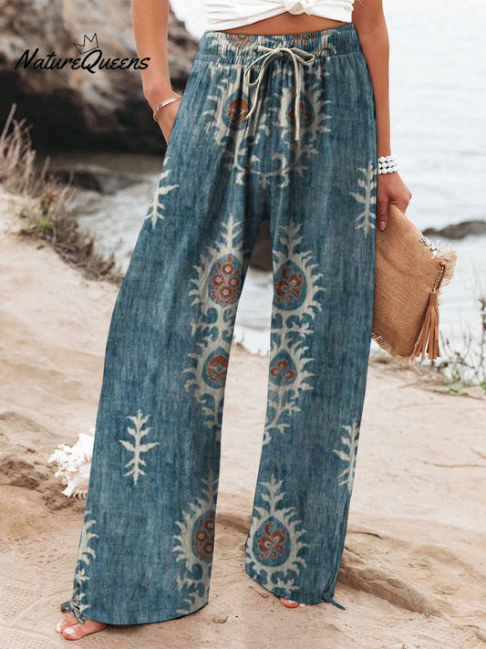 Women's Vintage Ethnic Floral Art Printed Cotton And Linen Casual Pants
