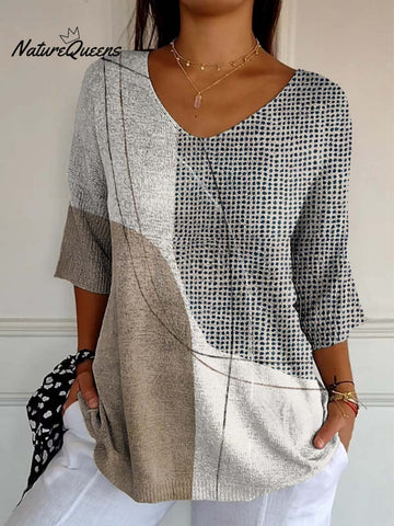 Women's Abstract Geometric Pattern Art Print Casual Knit Pullover