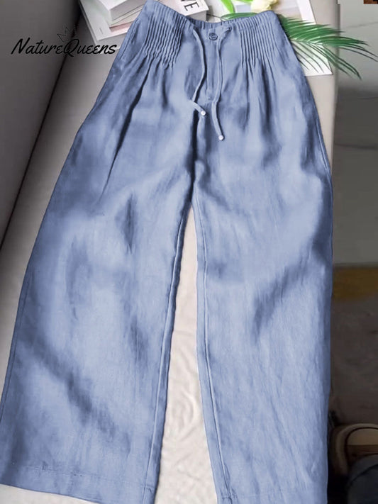 🔥Limited time promotion Women's Solid Color Pleated Drawstring Casual Cotton and Linen Wide Leg Pants