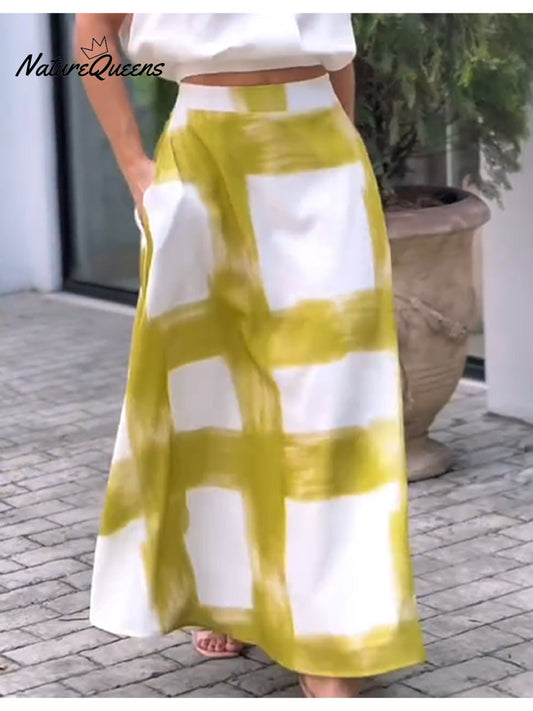 Women's Brushstroke Print Cotton and Linen Skirt