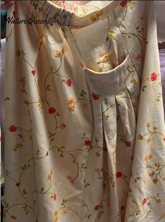 Women's Retro Floral Art Linen Elastic waistband Pocket Skirt