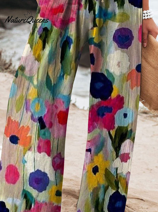 Women's Vintage Floral Art Printed Cotton And Linen Casual Pants