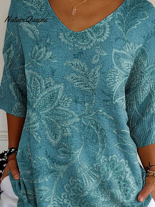 Women's Vintage Ethnic Floral Art Print Casual Pullover Knit