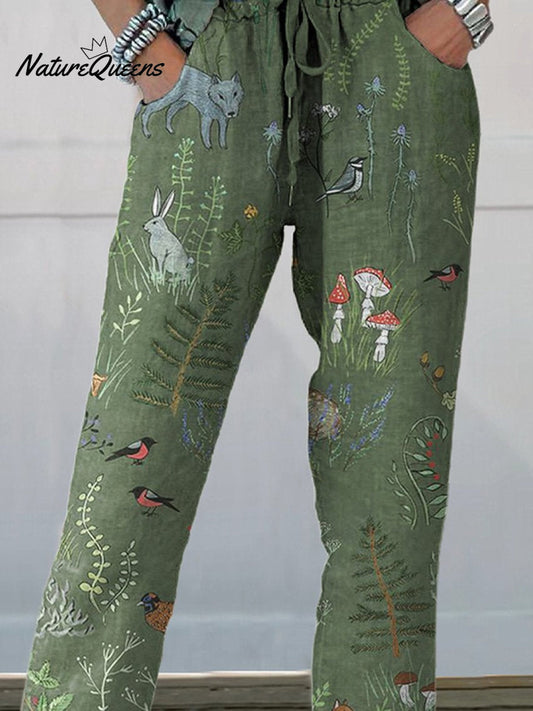 Woodland And Animals Pattern Printed Women's Cotton And Linen Casual Pants