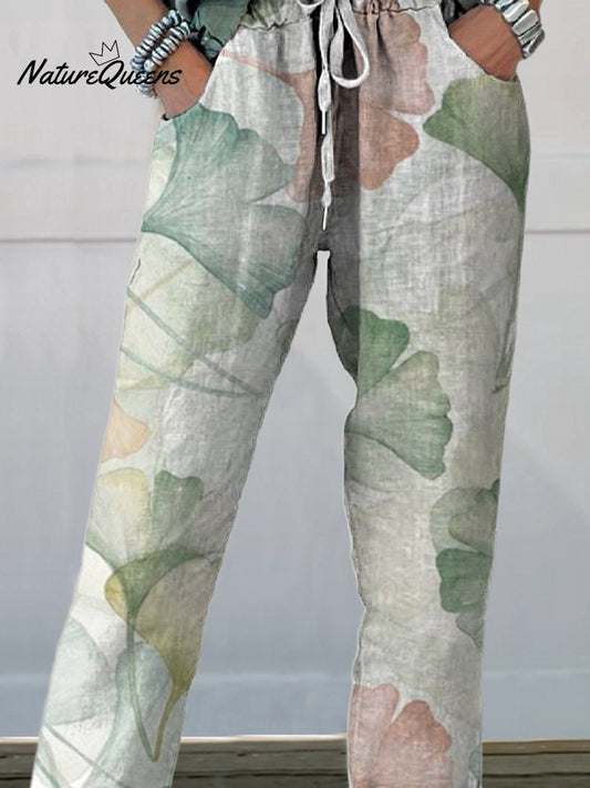 Women's Vintage Leaves Floral Printed Cotton And Linen Casual Pants