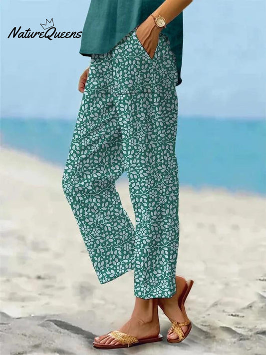Women's Vintage Floral Art Printed 100%Cotton Casual Pants