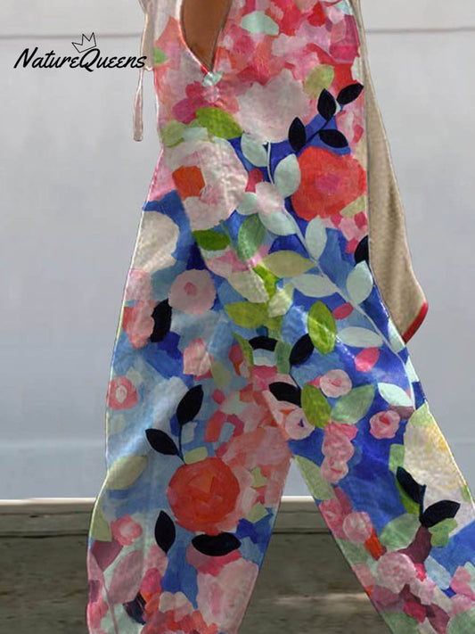Women's Vintage Floral Art Printed 100%Cotton Casual Pants