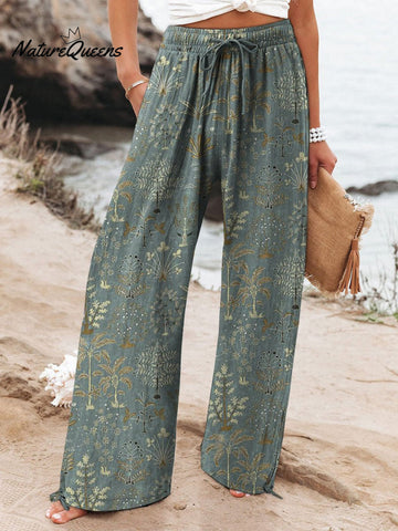 Woodland Vegetation Pattern Printed Women's Cotton And Linen Casual Pants