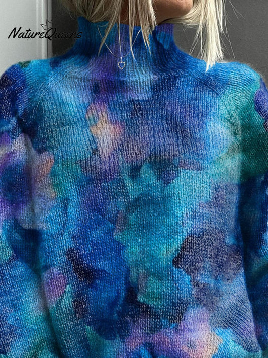 Abstract Watercolor Floral Pattern Printed Knit Turtleneck Pullover Sweater
