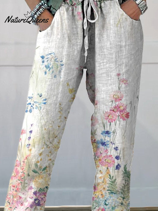 Women's Vintage Botanical Floral Printed Cotton And Linen Casual Pants