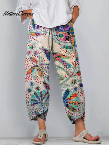 Women's Vintage Lovely Floral Bird Art Printed Cotton And Linen Casual Pants