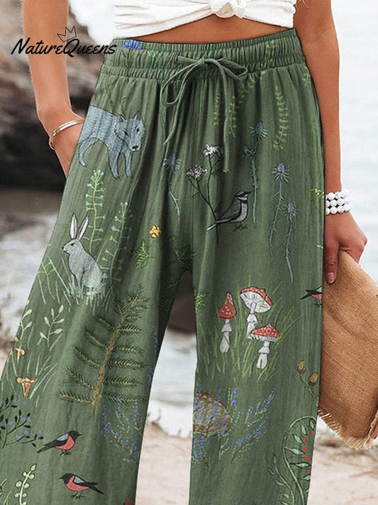 Woodland And Animal Pattern Printed Women's Cotton And Linen Casual Pants