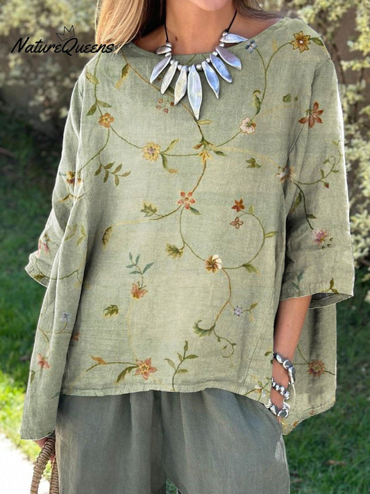 Women's Retro Floral Art Linen Elastic waistband Pocket Skirt