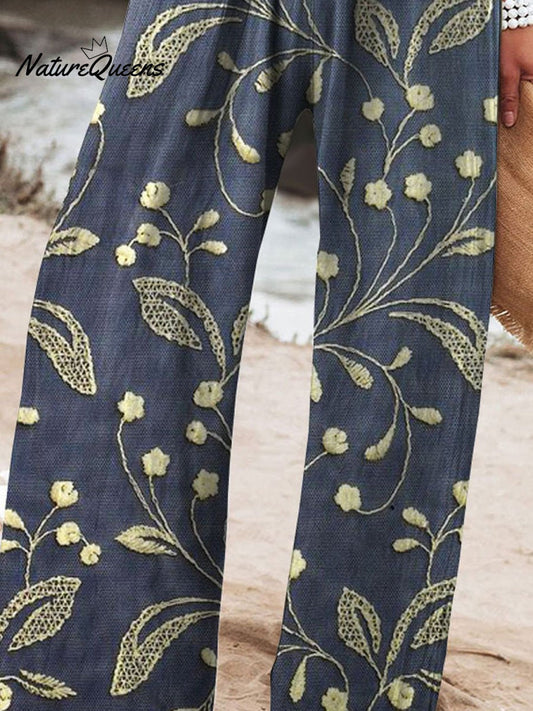 Women's Vintage Floral Art Printed Cotton And Linen Casual Pants