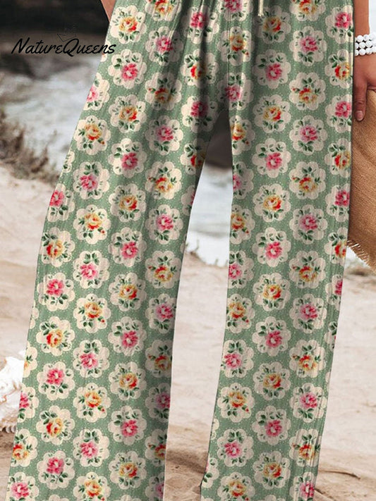 Women's Vintage Floral Art Printed Cotton And Linen Casual Pants