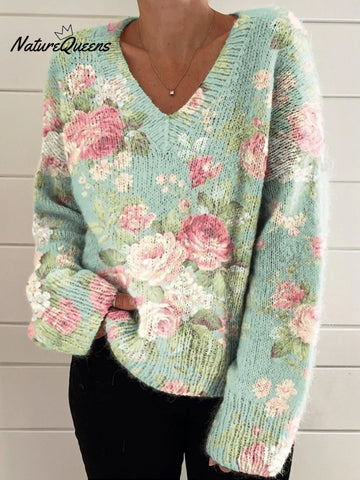 Women's Fresh Retro Flowers Print Casual V-neck Pullover Knit