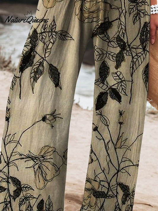 Women's Vintage Floral Art Printed Cotton And Linen Casual Pants