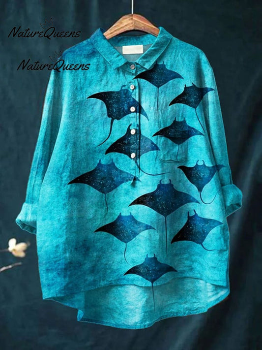 Women's Vintage Manta Rays Art Print Casual Cotton Shirt