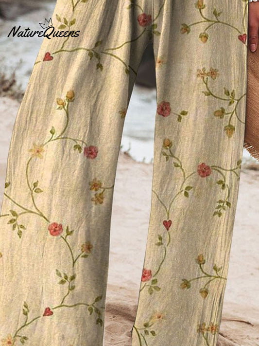 Women's Vintage Floral Art Printed Cotton And Linen Casual Pants