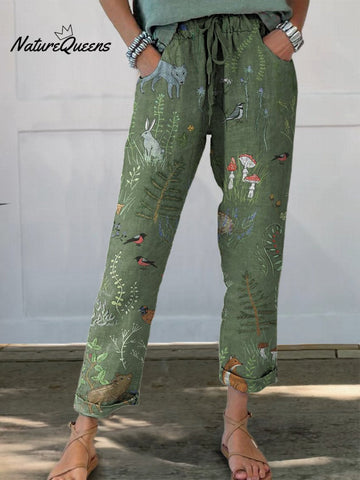 Woodland And Animals Pattern Printed Women's Cotton And Linen Casual Pants