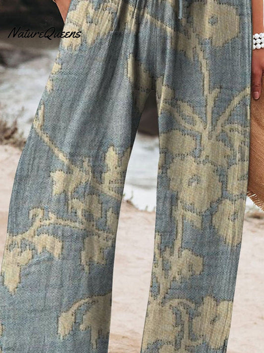 Women's Vintage Floral Art Printed Cotton And Linen Casual Pants