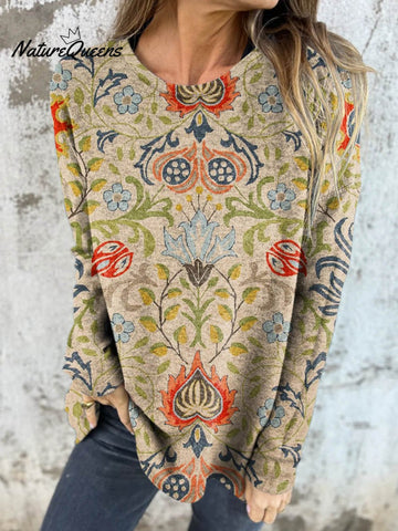 Women's Vintage Lovely Floral Art Print Button Back Casual Knitted Shirt