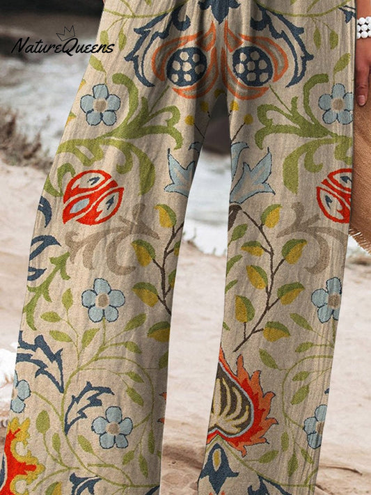 Women's Vintage Ethnic Floral Art Printed Cotton And Linen Casual Pants
