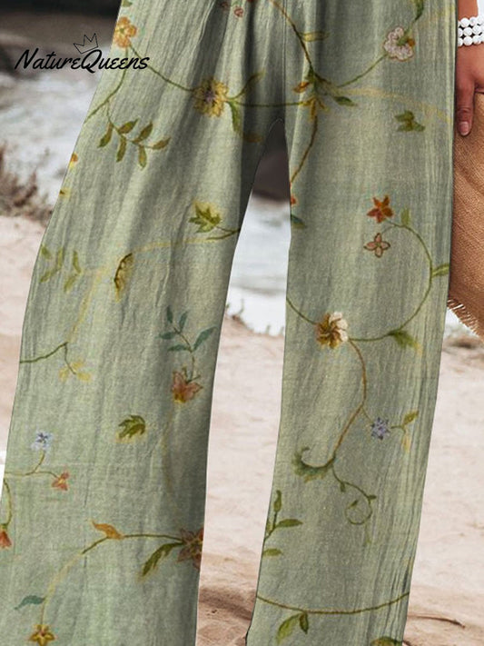 Women's Vintage Floral Art Printed Cotton And Linen Casual Pants