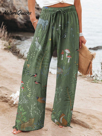 Woodland And Animal Pattern Printed Women's Cotton And Linen Casual Pants