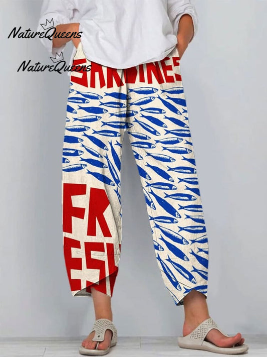 Women's Vintage Fish Sardines Art Print Cotton And Linen Casual Pants