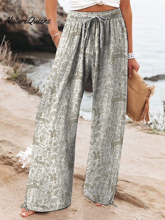 Batik Style Spring Woodland Pattern Printed Women's Cotton And Linen Casual Pants