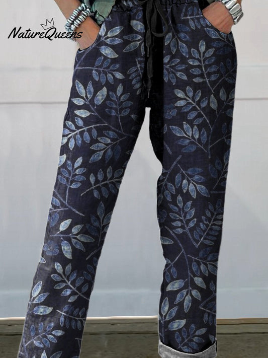 Women's Vintage Leaves Floral Printed Cotton And Linen Casual Pants