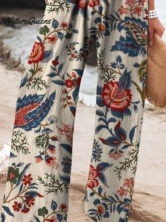 Women's Vintage Floral Art Printed Cotton And Linen Casual Pants