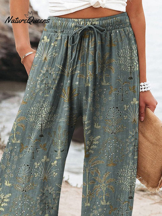 Woodland Vegetation Pattern Printed Women's Cotton And Linen Casual Pants