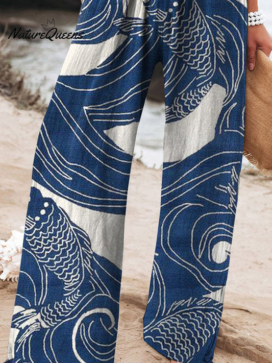Women's Vintage Ethnic Fish Art Printed Cotton And Linen Casual Pants