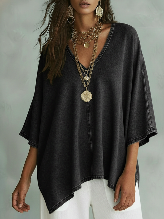 Women’s Loose Fit V-Neck Denim Shirt – Casual Relaxed Chambray Top