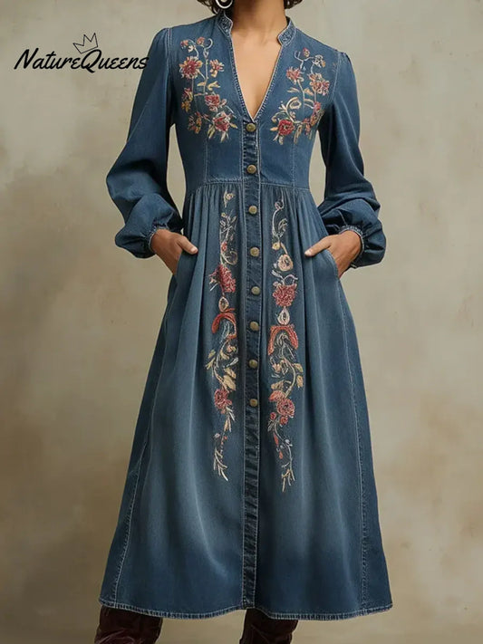 Women's Vintage Floral Denim Cotton Dress