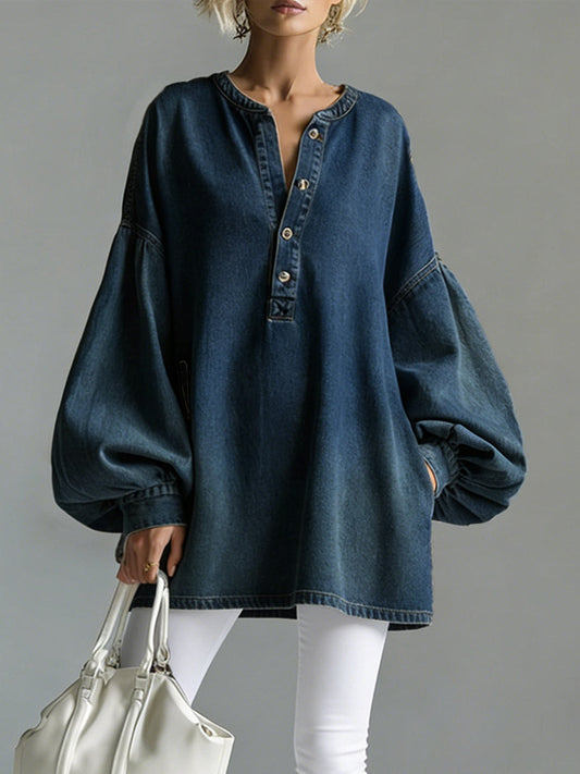 Women's V-neck Long-sleeved Casual Loose Denim Top
