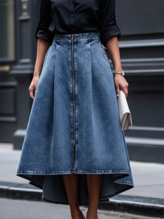 Elegant Zippered Irregular Hem Denim Skirt