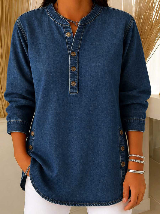 Women's V-neck Long-sleeved Casual Button-up Loose Denim Top
