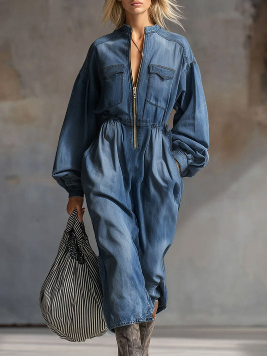 Women's Stand-collar Long-sleeved Casual Loose Denim Dress