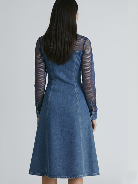 A Stylish Denim Dress With Mesh Sleeve Paneling.