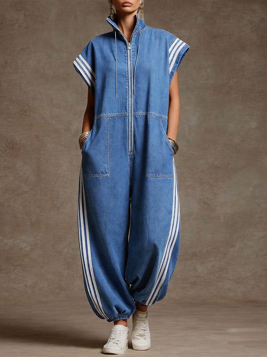 Women's Stand-collar Short-sleeved Casual Loose Denim Wide-leg Jumpsuit