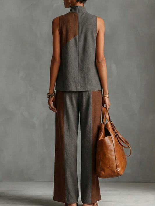 Artistic Color-blocked Cozy Linen Cotton Two-piece Set