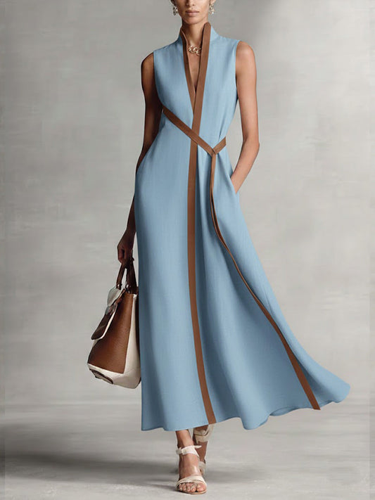 Women’s Stand-Up Collar Sleeveless Casual Loose Cotton and Linen Dress